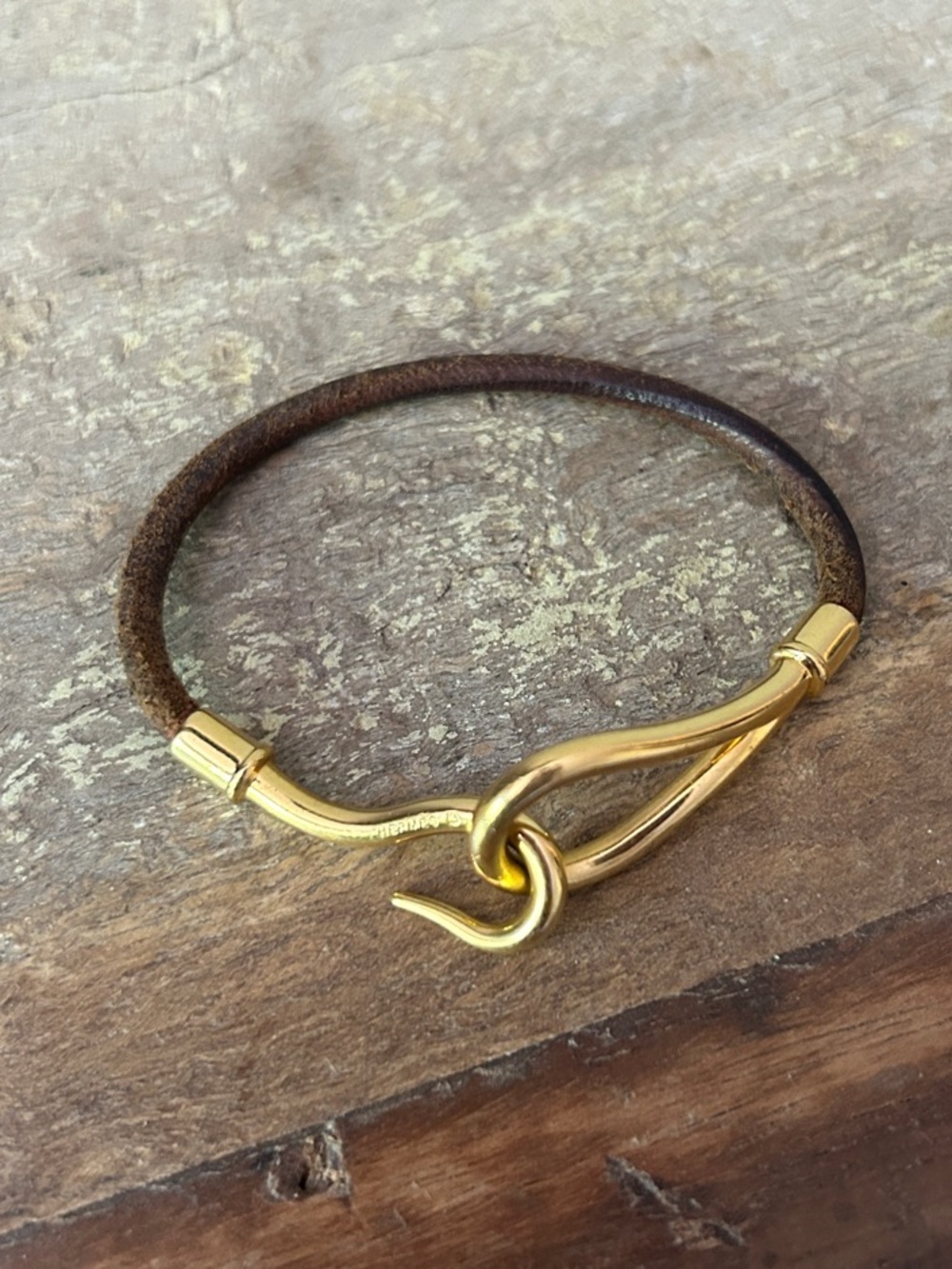 Hermes Jumbo Hook Brown Leather Cord Bracelet, Gold-Tone